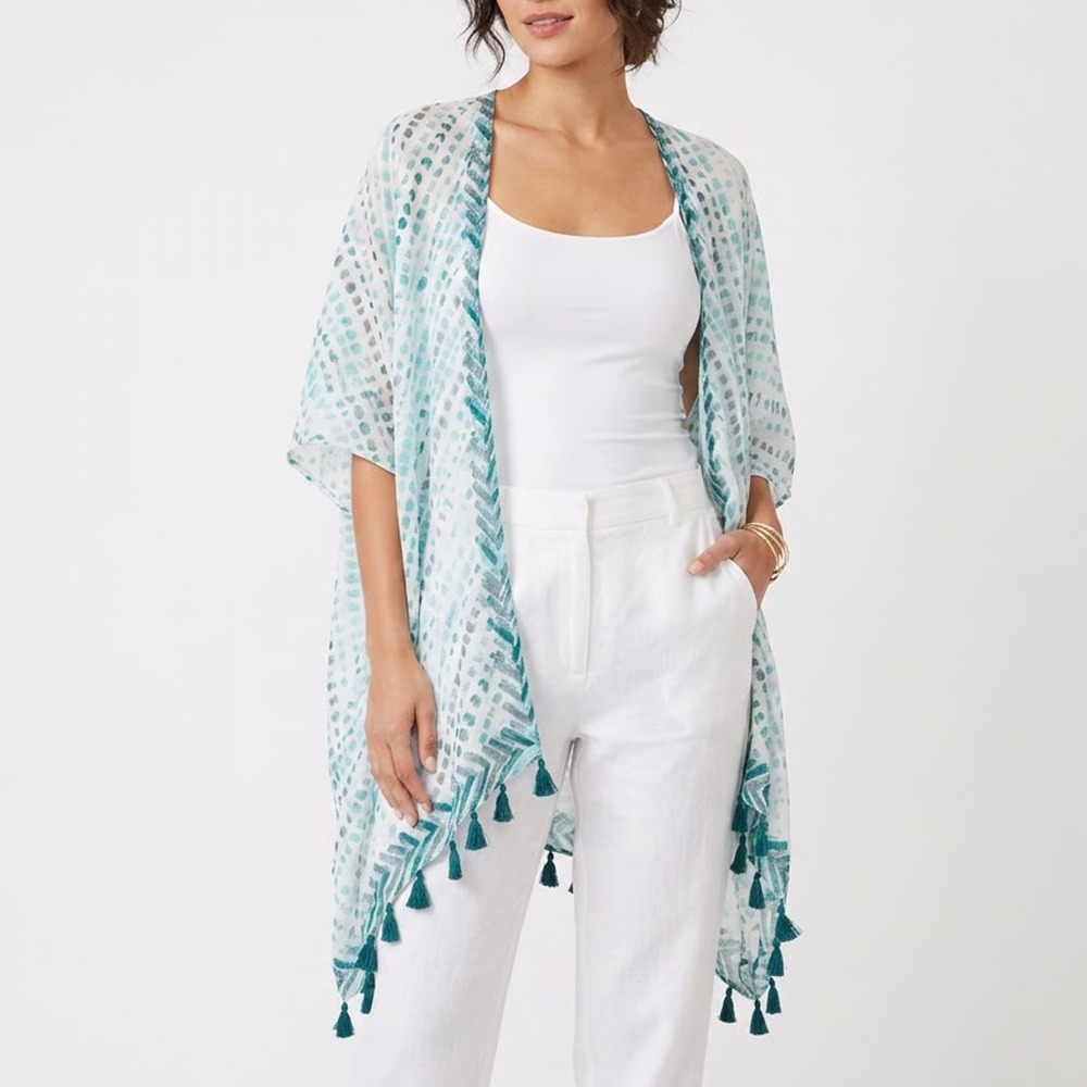 Modena Teal Abstract Chevron Tassel Kimono Wrap One Size Open Front Coverup
